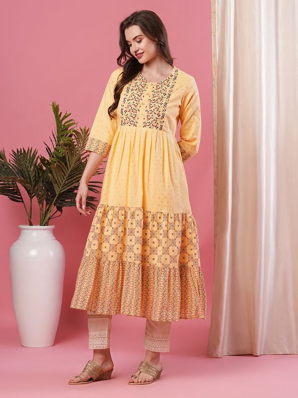 Globus Women Yellow Printed Round Neck Anarkali Kurta