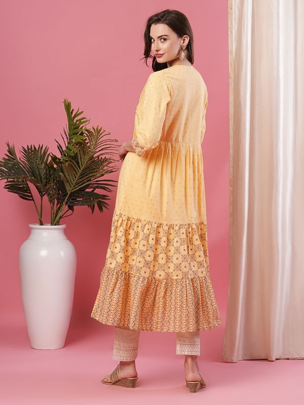 Globus Women Yellow Printed Round Neck Anarkali Kurta