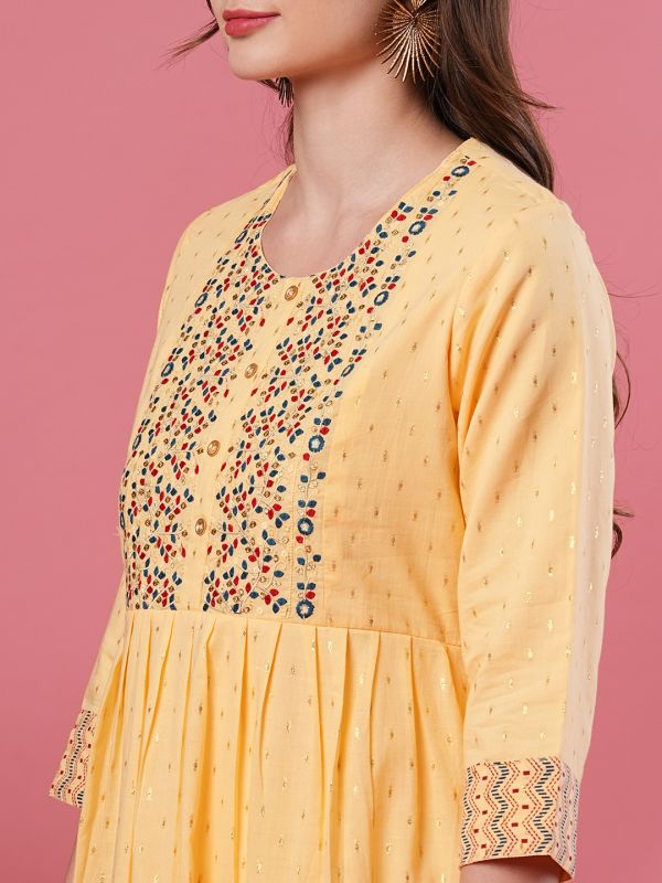 Globus Women Yellow Printed Round Neck Anarkali Kurta