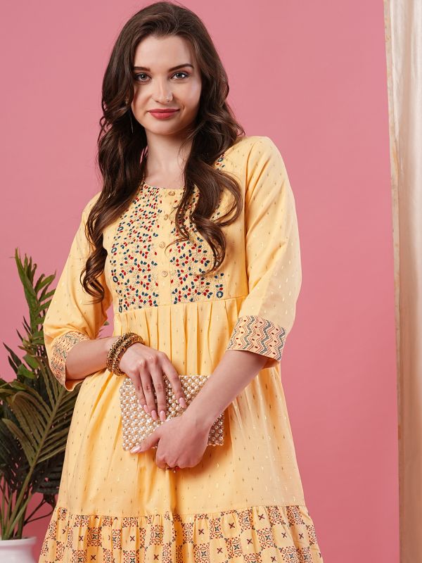 Globus Women Yellow Printed Round Neck Anarkali Kurta