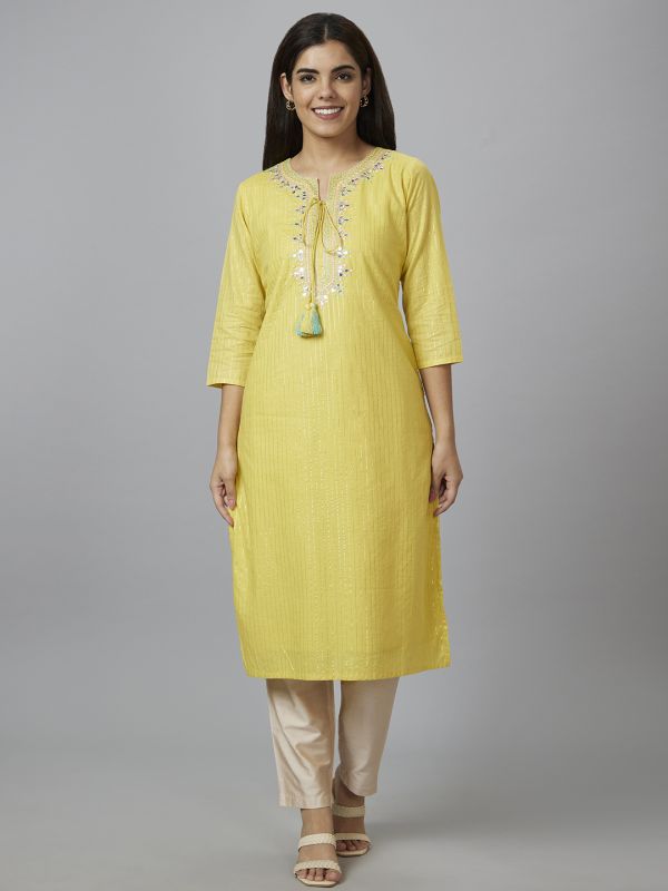 Globus Women Yellow Embroidered Straight Kurta