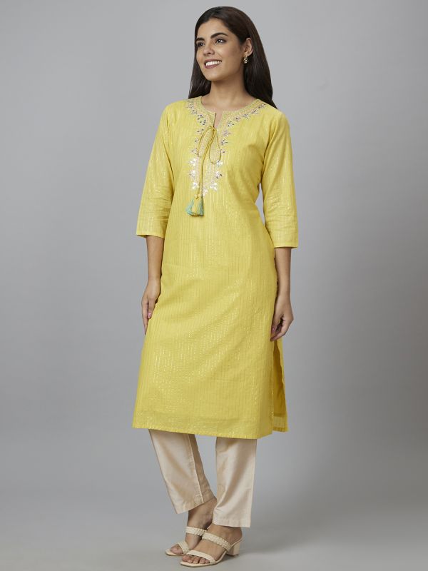 Globus Women Yellow Embroidered Straight Kurta