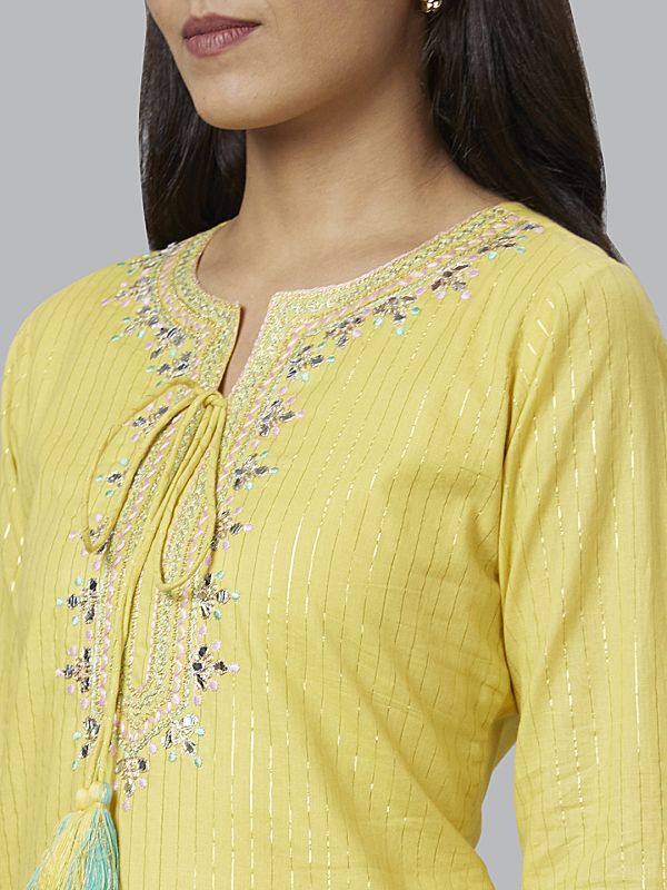 Globus Women Yellow Embroidered Straight Kurta