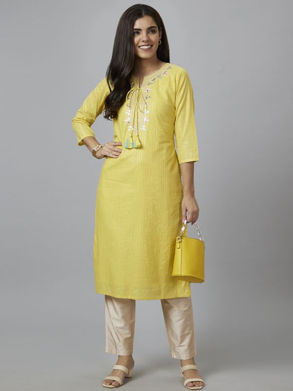 Globus Women Yellow Embroidered Straight Kurta