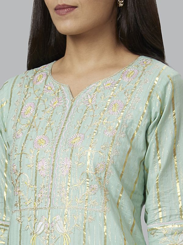 Globus Women Sea Green Embroidered Straight Kurta