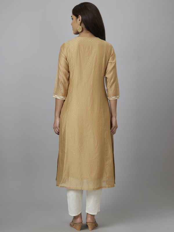 Globus Women Beige Yoke Embroidered A-Line Kurta