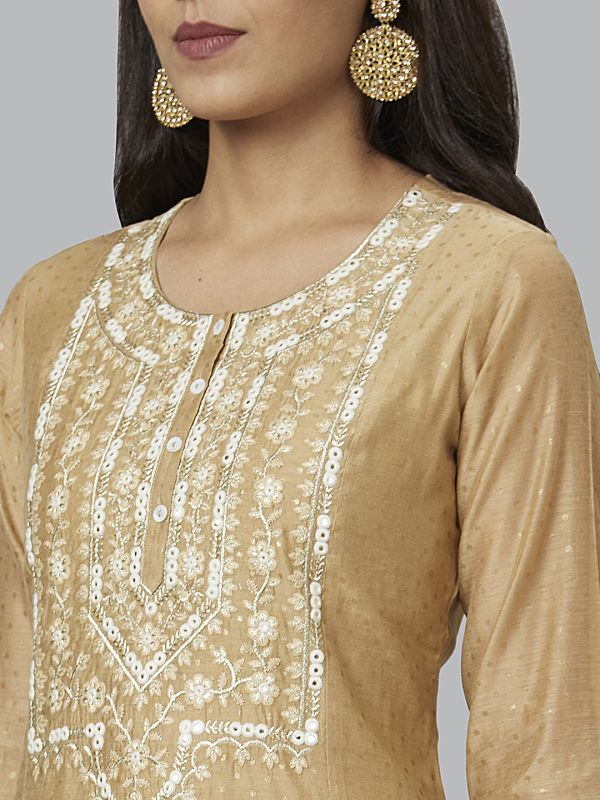 Globus Women Beige Yoke Embroidered A-Line Kurta