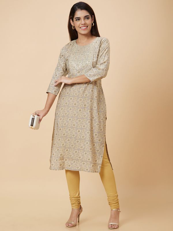 Globus Women Taupe Printed Straight Kurta