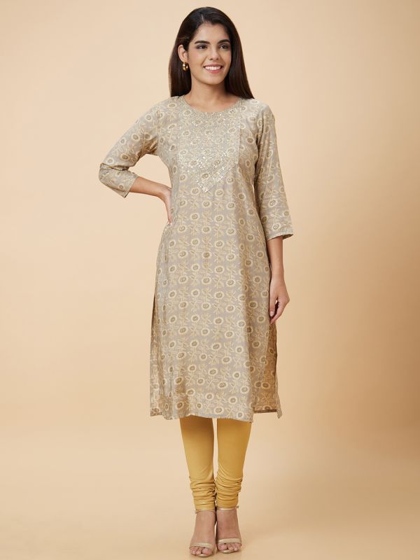 Globus Women Taupe Printed Straight Kurta