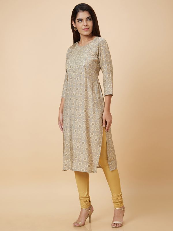 Globus Women Taupe Printed Straight Kurta