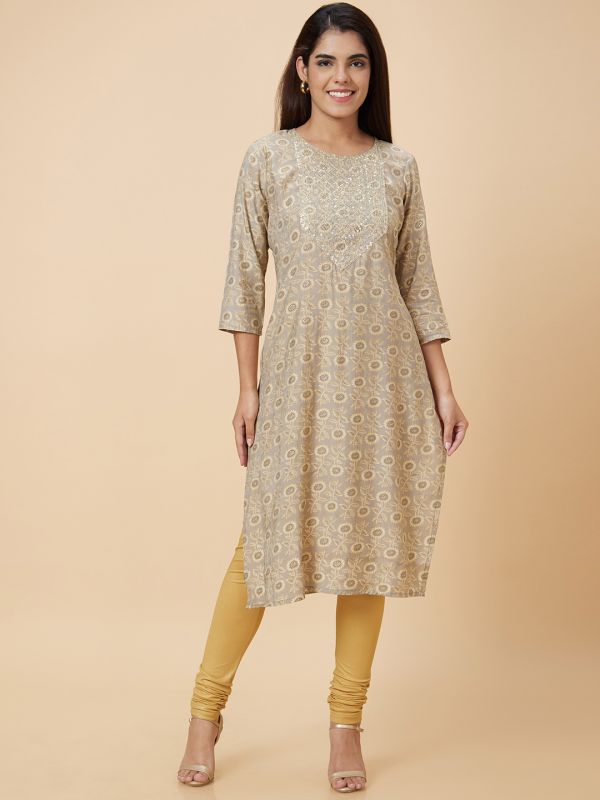 Globus Women Taupe Printed Straight Kurta