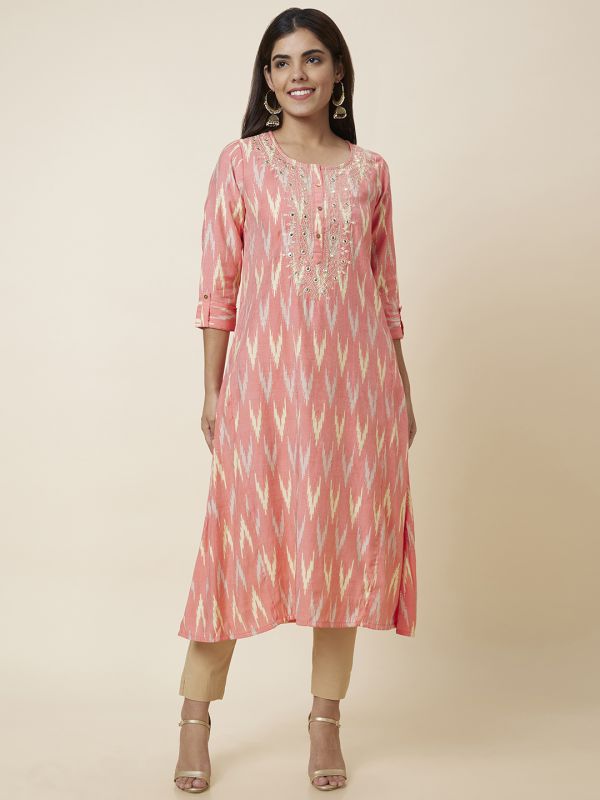 Globus Women Peach Printed A-Line Kurta