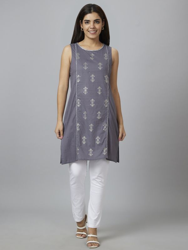 Globus Women Grey Printed Round Neck Sleeveless Tunic