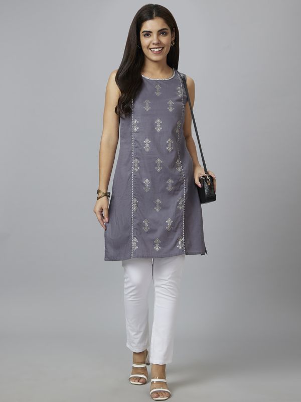 Globus Women Grey Printed Round Neck Sleeveless Tunic