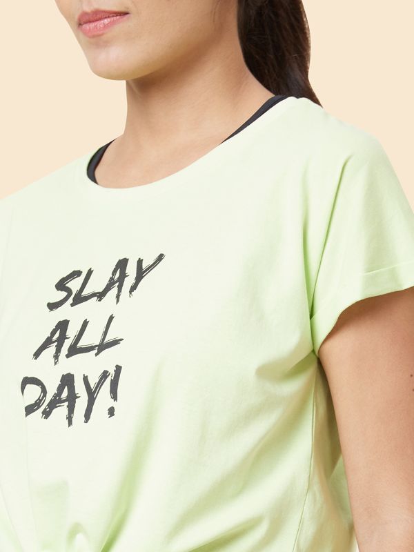 Globus Women Lime Green Regular Fit Printed Cotton Sports Layered T-Shirt