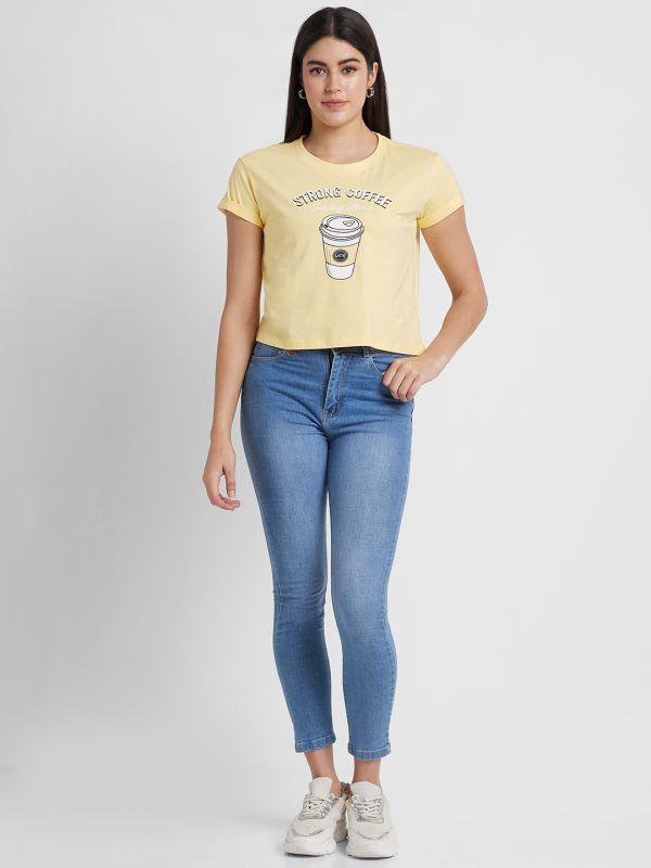 Globus Women Yellow Printed Cotton Regular Fit Casual Crop T-shirt