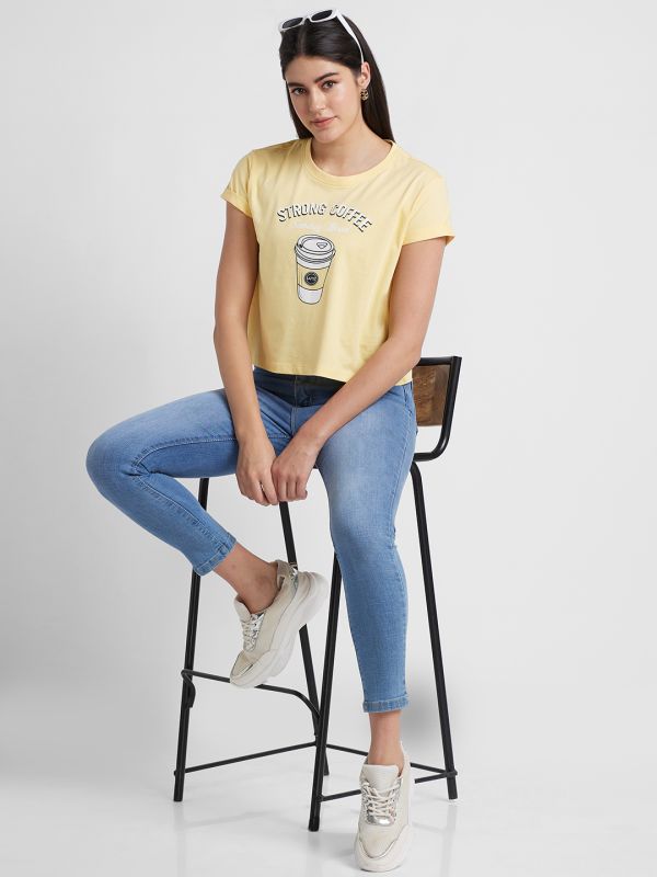 Globus Women Yellow Printed Cotton Regular Fit Casual Crop T-shirt