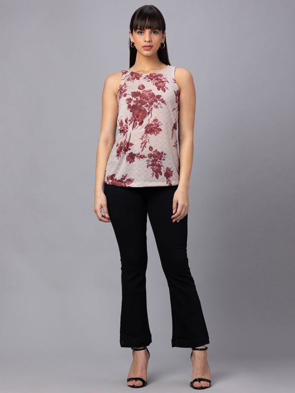 Globus Women Pink Printed Round Neck Sleeveless Top