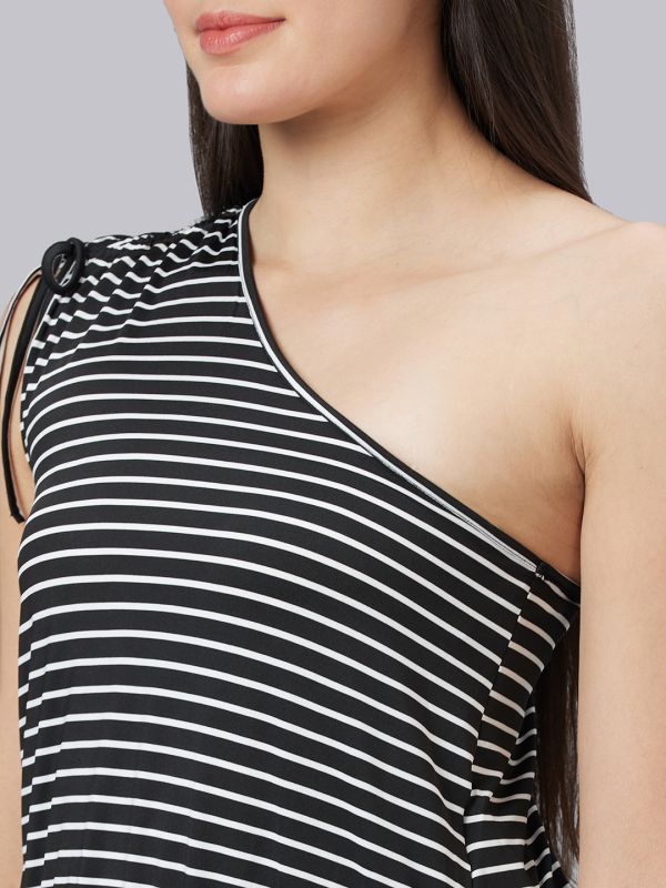 Globus Women Black Striped One Shoulder Top