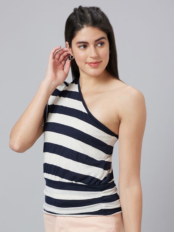 Globus Women Black Striped One Shoulder Sleeveless Top