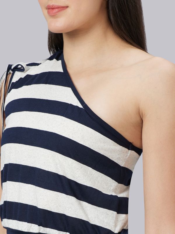 Globus Women Black Striped One Shoulder Sleeveless Top