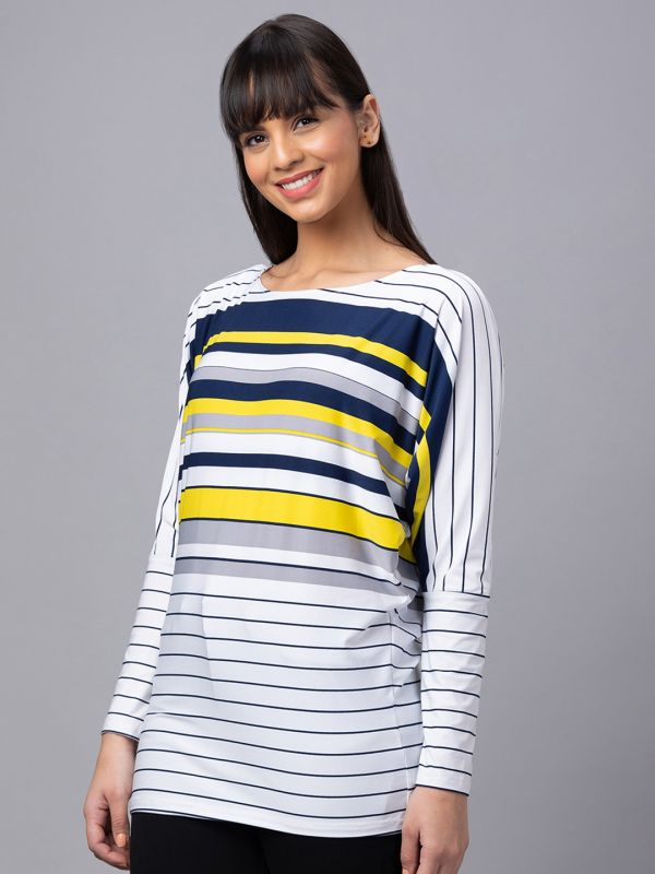 Globus Women White Striped Boat Neck Longline Top