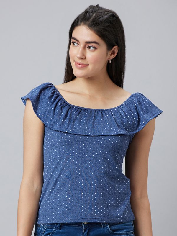 Globus Women Blue Printed Boat Neck Sleeveless Top