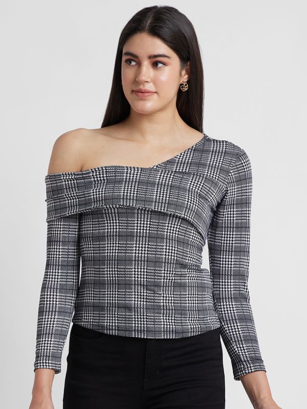 Globus Women Black Checked One Shoulder Bardot Top