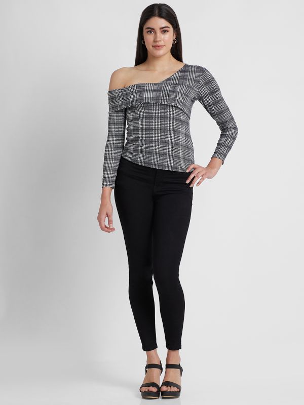 Globus Women Black Checked One Shoulder Bardot Top