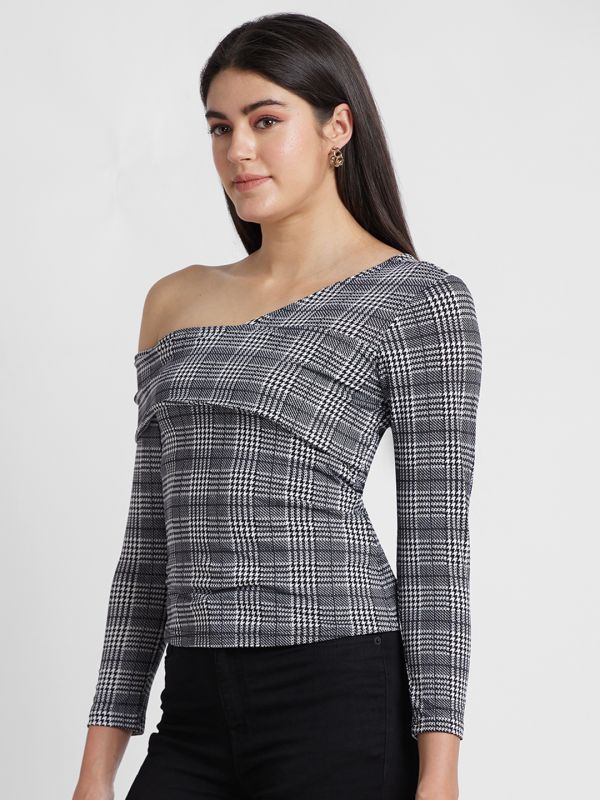 Globus Women Black Checked One Shoulder Bardot Top