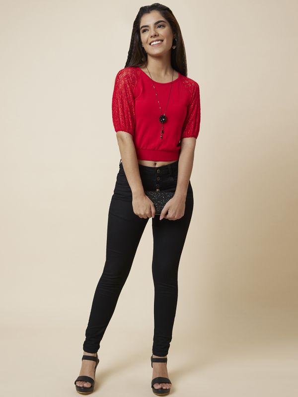 Globus Women Red Solid Round Neck Blouson Crop Top