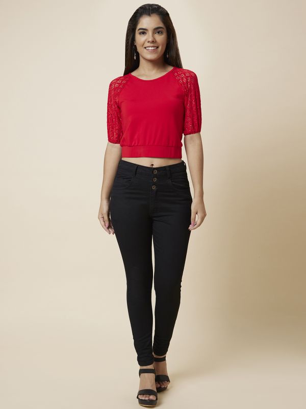 Globus Women Red Solid Round Neck Blouson Crop Top