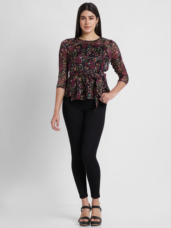 Globus Women Black Printed Round Neck Belted Top