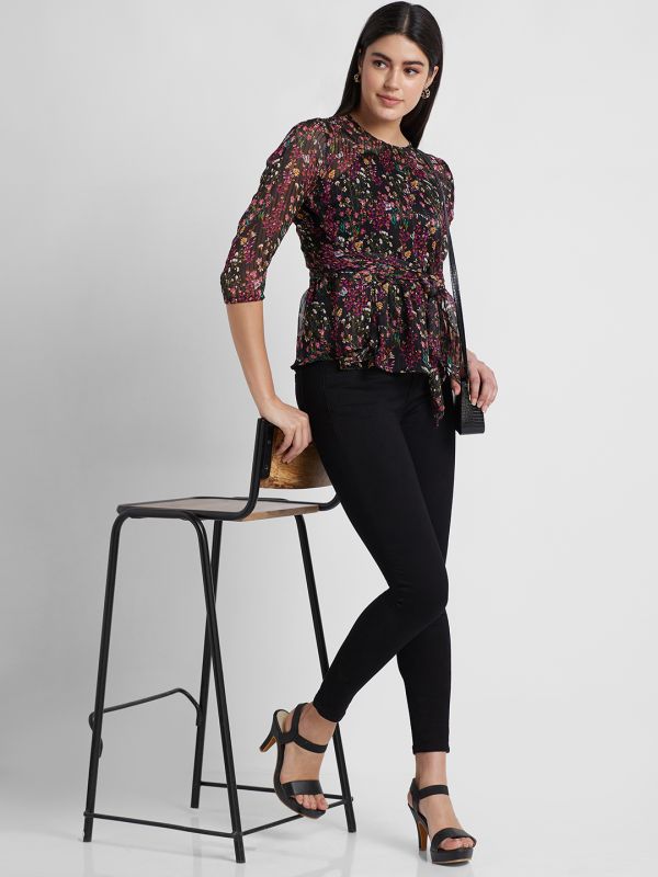 Globus Women Black Printed Round Neck Belted Top