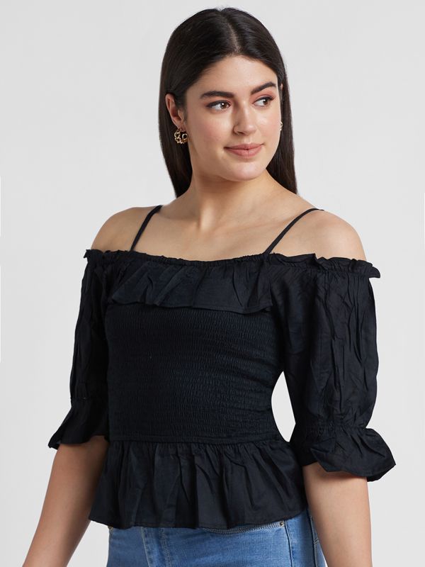 Globus Women Black Solid Off-Shoulder Bardot Top