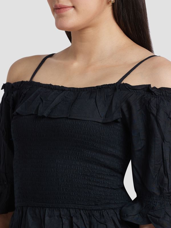 Globus Women Black Solid Off-Shoulder Bardot Top