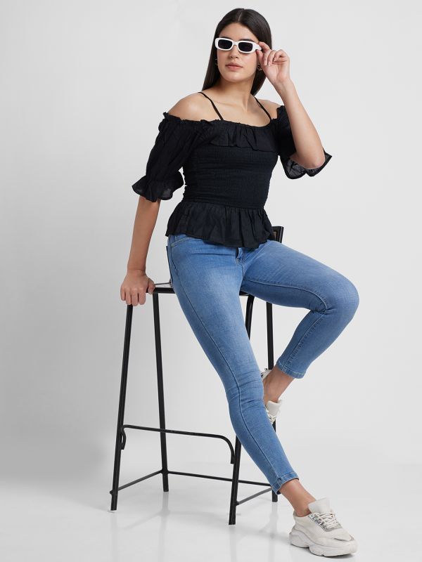 Globus Women Black Solid Off-Shoulder Bardot Top