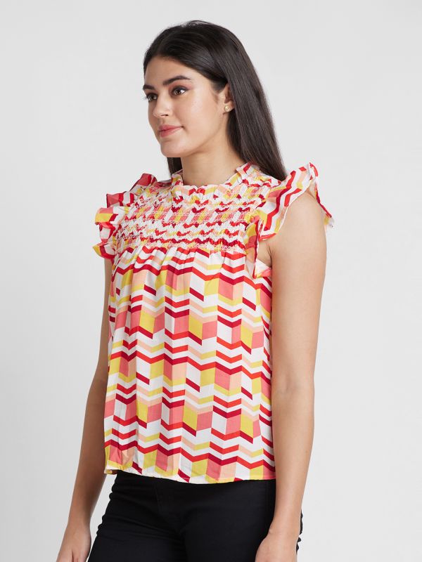 Globus Women Multicolor Printed Ruffle Neck Top