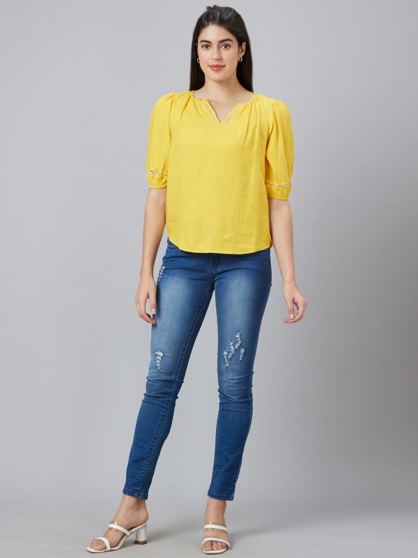 Globus Women Yellow Solid V-Neck Top