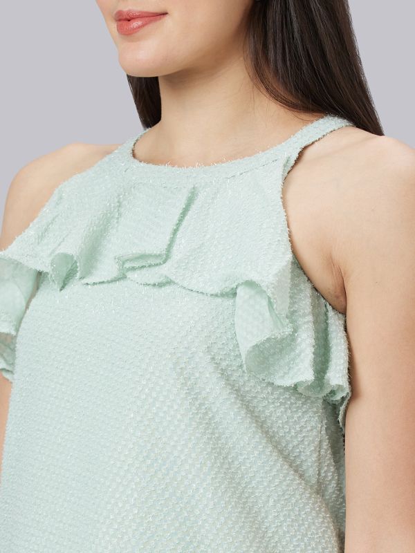 Globus Women Mint Green Self Design Halter Neck Sleeveless Top