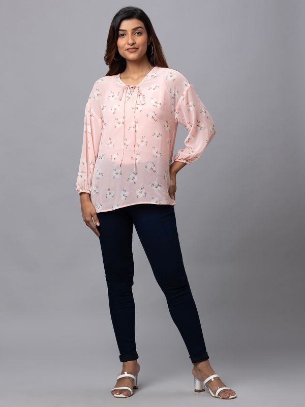 Globus Women Pink Printed Tie-Up Neck Top