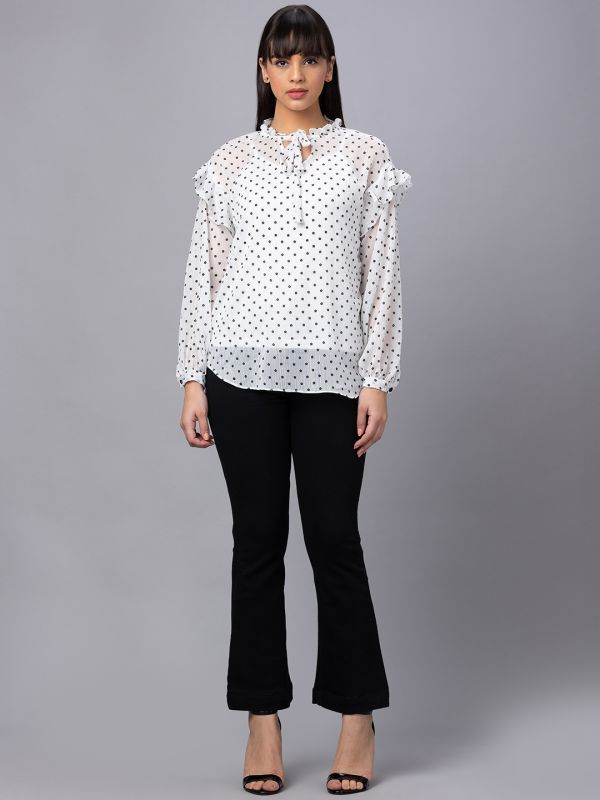 Globus Women White Printed Tie-Up Neck Top