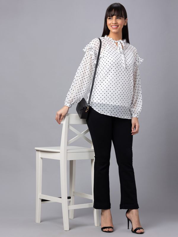 Globus Women White Printed Tie-Up Neck Top