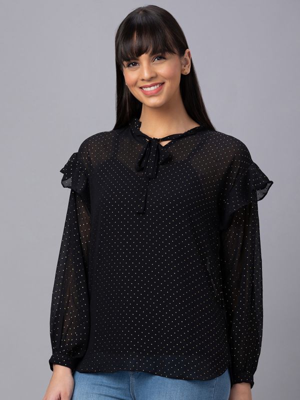 Globus Women Black Printed Tie-Up Neck Top