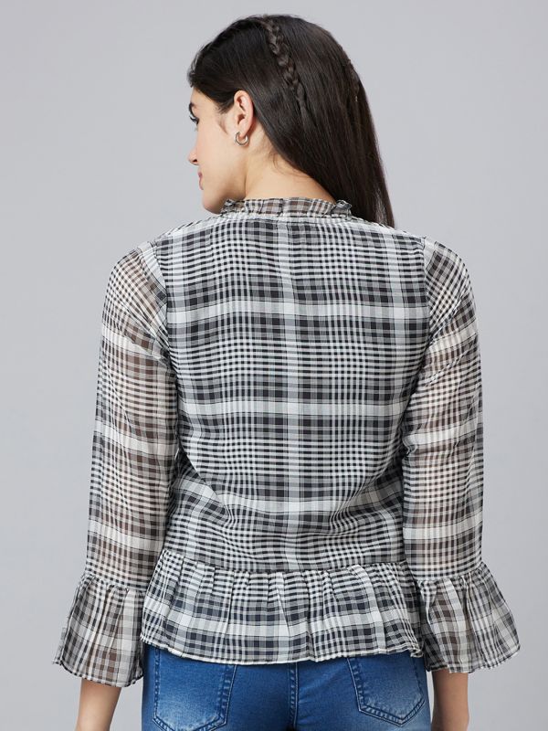 Globus Women Black Checked Mandarin Collar Peplum Top