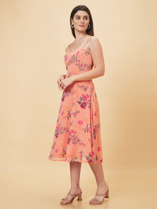 Globus Women Peach Printed Fit and Flare Casual Dress