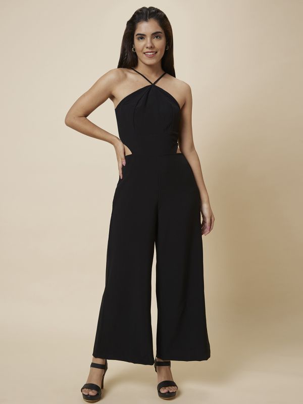 Globus Women Black Solid Strappy Jumpsuit