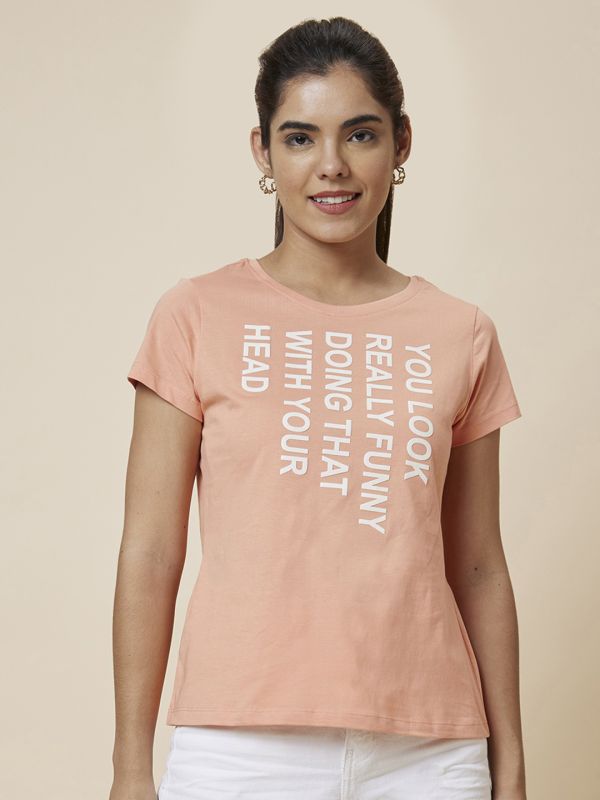 Globus Women Peach Printed Cotton T-Shirt