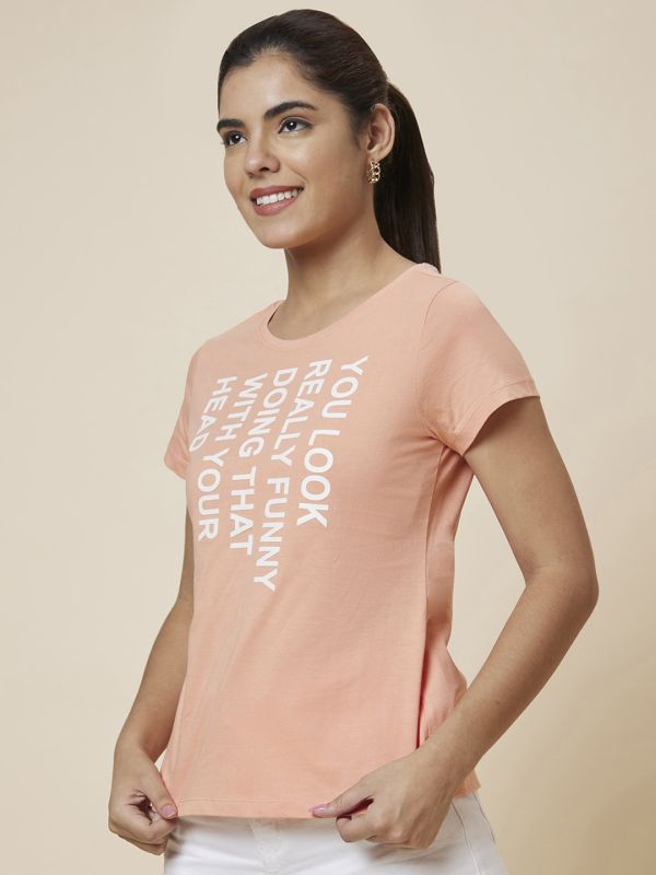 Globus Women Peach Printed Cotton T-Shirt