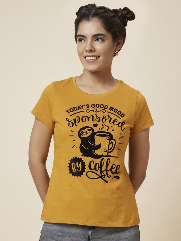 Globus Women Yellow Printed Cotton T-Shirt